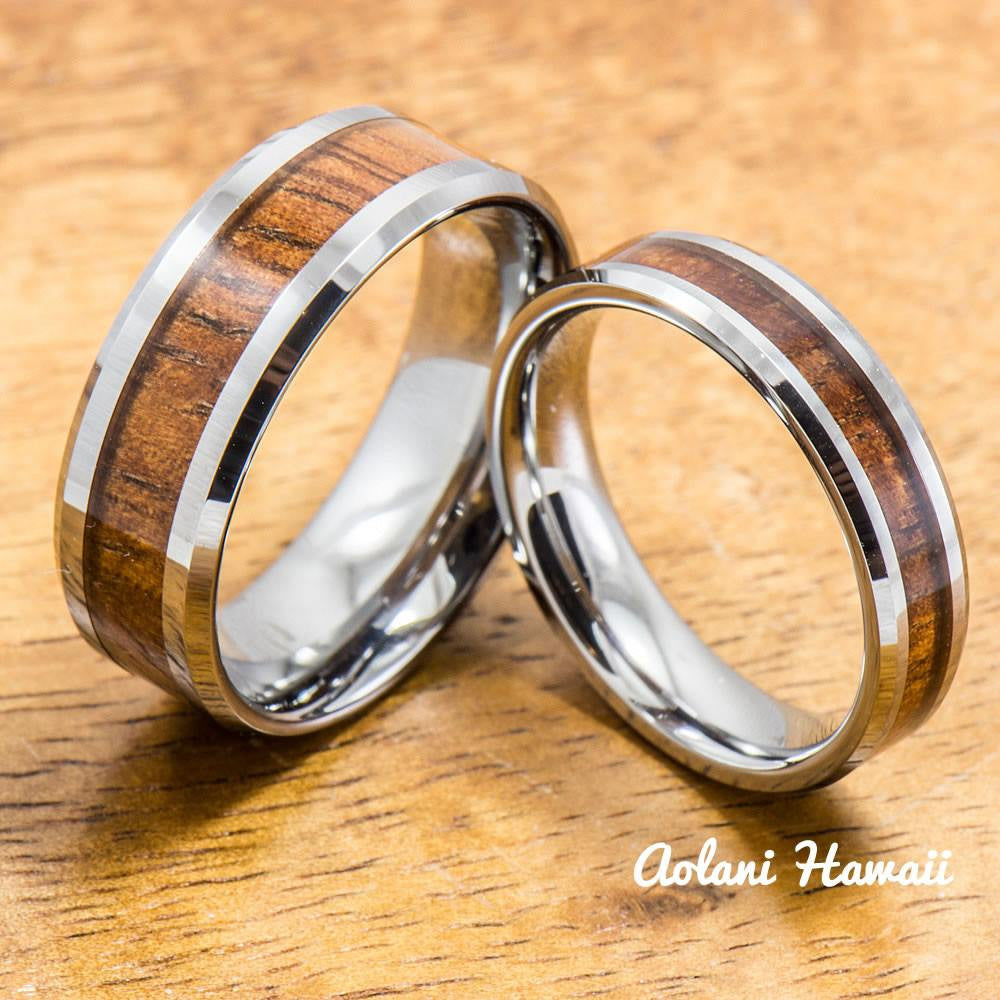 A Pair of Hawaiian Koa Rings Handmade with Tungsten (5mm & 8mm width) - Aolani Hawaii - 1