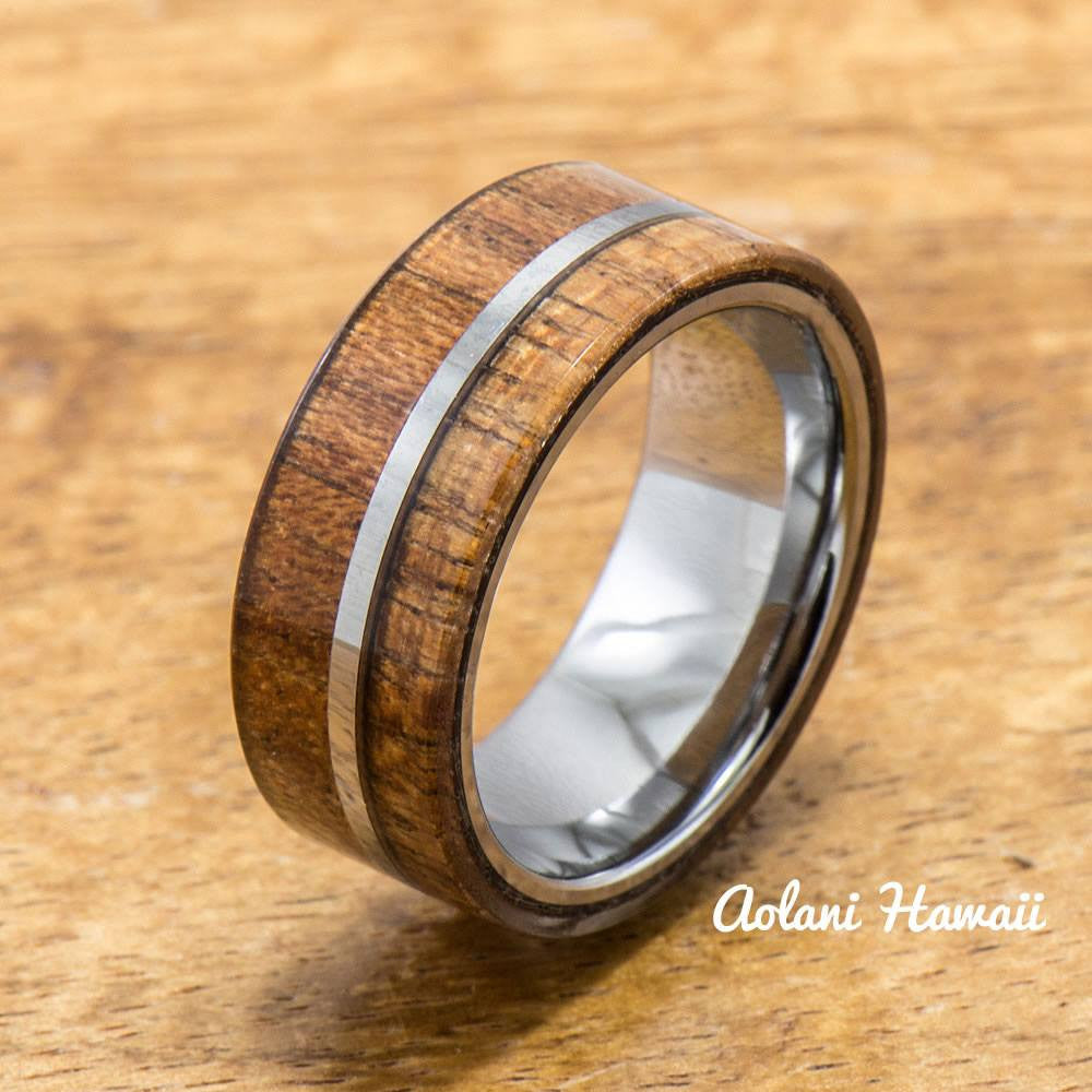 Koa Ring Handmade with Tungsten (8mm width, flat style) - Aolani Hawaii