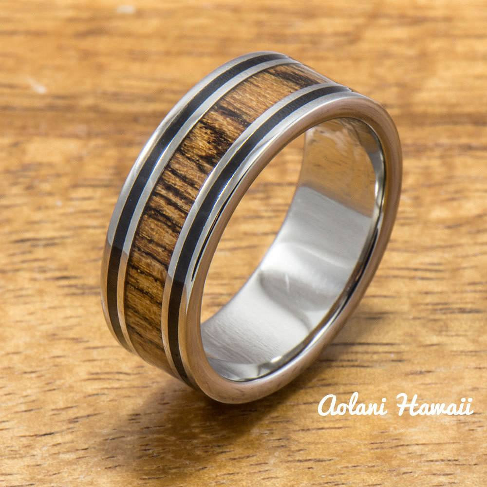 Koa Titanium Ring with Black Stripe Edge (8mm width,  Flat Style) - Aolani Hawaii
