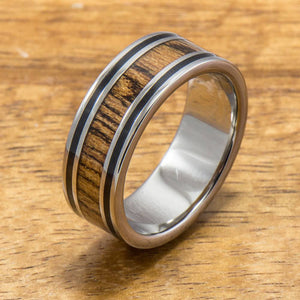 
            
                Load image into Gallery viewer, Koa Titanium Ring with Black Stripe Edge (8mm width,  Flat Style)
            
        