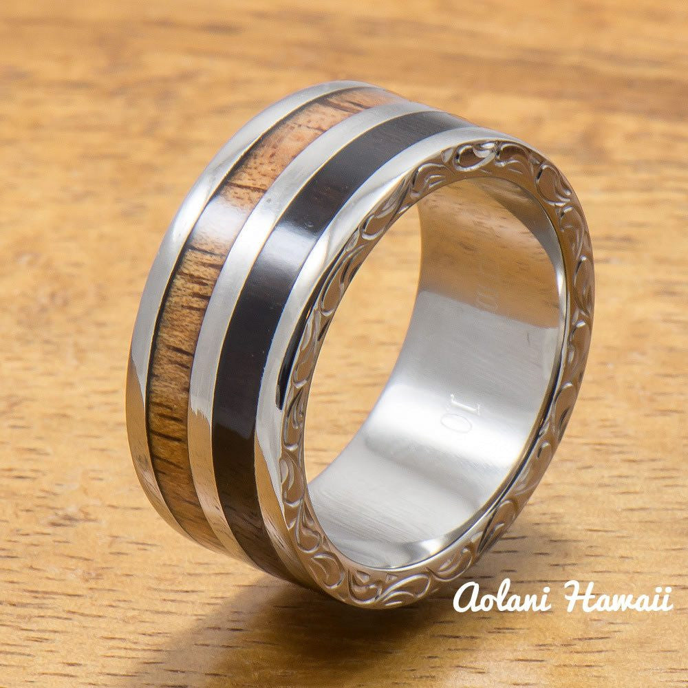 Koa Titanium Ring with Two Tone Hawaiian Koa Wood and Ebony Gabon Wood Inlay (10mm width, Flat Style) - Aolani Hawaii