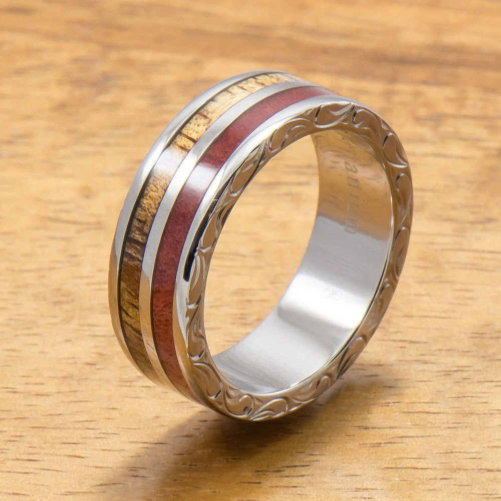 Koa Titanium Ring with Two Tone Hawaiian Koa Wood and Pink Ivory Inlay (7mm width, Flat Style)