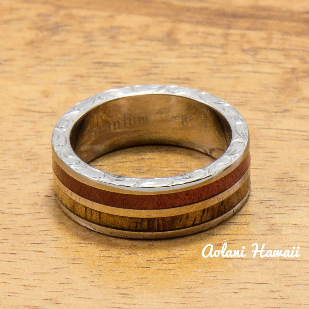 Koa Titanium Ring with Two Tone Hawaiian Koa Wood and Pink Ivory Inlay (7mm width, Flat Style) - Aolani Hawaii - 2