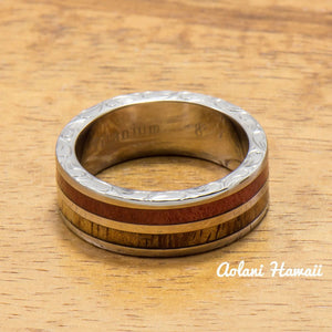 Koa Titanium Ring with Two Tone Hawaiian Koa Wood and Pink Ivory Inlay (7mm width, Flat Style) - Aolani Hawaii - 2