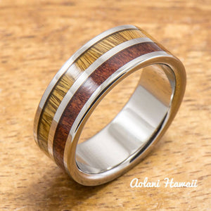 Koa Titanium Ring with Two Tone Hawaiian Koa Wood Inlay (8mm width, Flat Style) - Aolani Hawaii