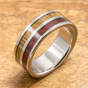 Koa Titanium Ring with Two Tone Hawaiian Koa Wood Inlay (8mm width, Flat Style)