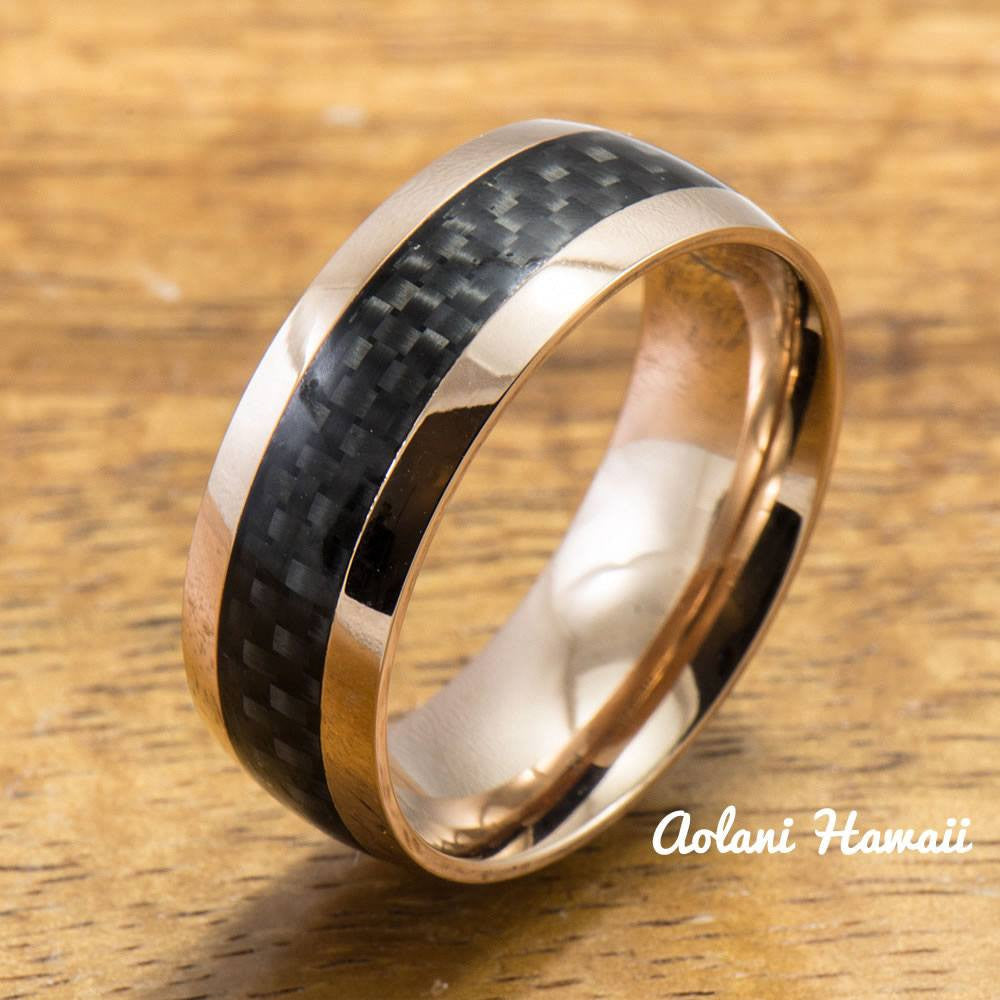 Pink Gold Colored Stainless Steel Ring with Carbon Fiber Inlay (6mm - 8mm width, Barrel Style) - Aolani Hawaii - 1