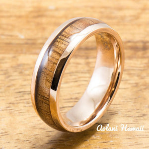 Pink Gold Colored Stainless Steel Ring with with Koa Wood Inlay (6mm - 8mm width, Barrel Style) - Aolani Hawaii - 2