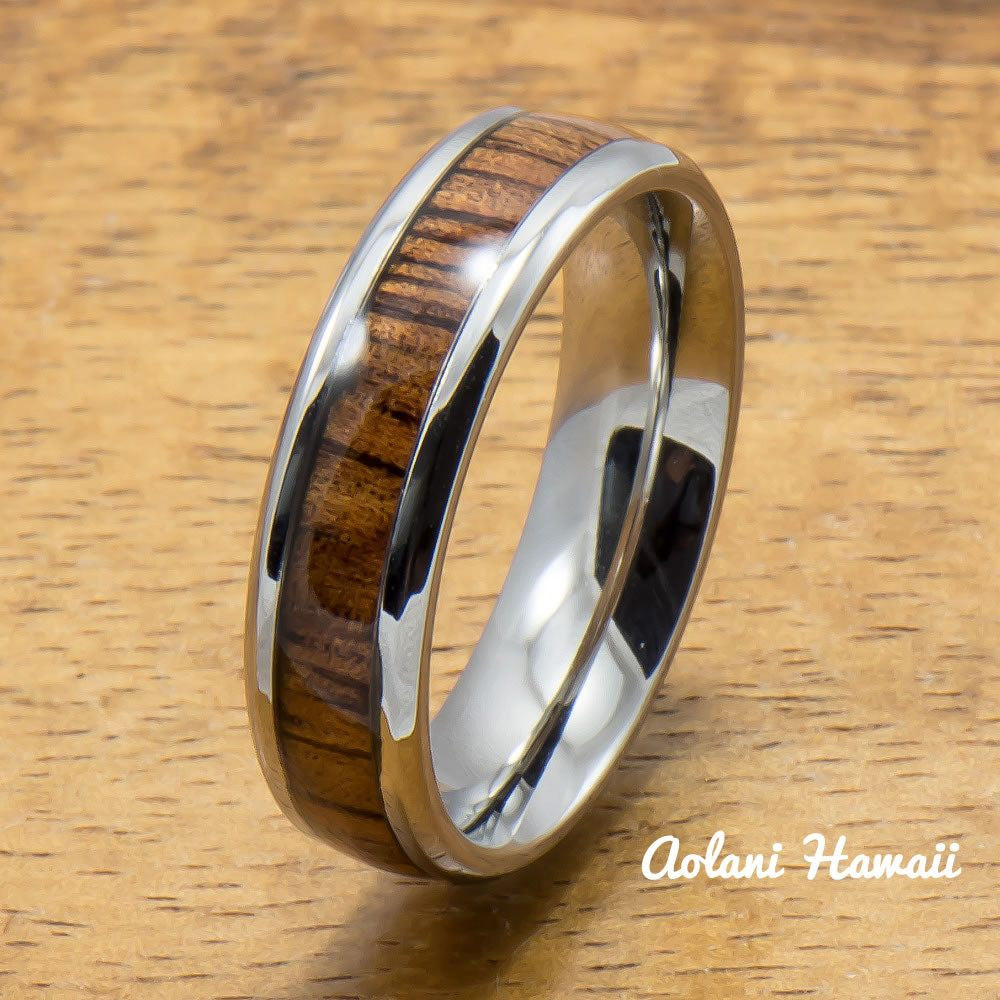 
            
                Load image into Gallery viewer, Stainless Ring with Hawaiian Koa Wood (6mm - 8mm width, Barrel Style) - Aolani Hawaii - 2
            
        
