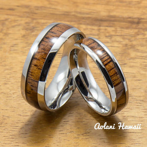 A Set of Stainless Steel Rings with Hawaiian Koa Wood (6mm & 8mm width) - Aolani Hawaii - 1