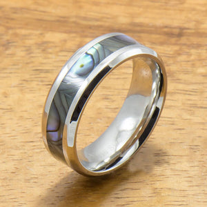 
            
                Load image into Gallery viewer, Stainless Steel Ring with Abalone Inlay (6mm - 8mm width, Flat style)
            
        