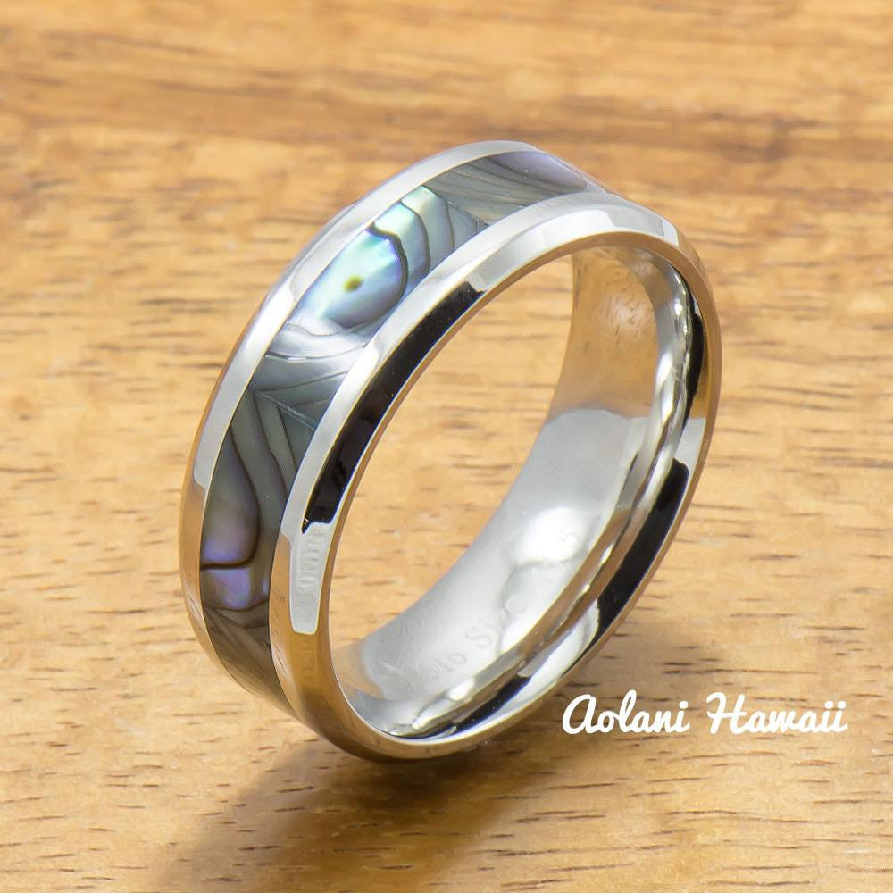 
            
                Load image into Gallery viewer, Stainless Wedding Ring Set Steel Rings with Abalone Inlay (6mm &amp;amp; 8mm width, Flat Style) - Aolani Hawaii - 2
            
        