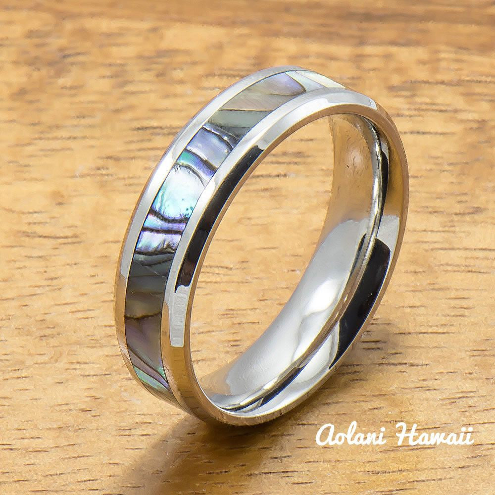 
            
                Load image into Gallery viewer, Stainless Steel Ring with Abalone Inlay (6mm - 8mm width, Flat style) - Aolani Hawaii - 2
            
        