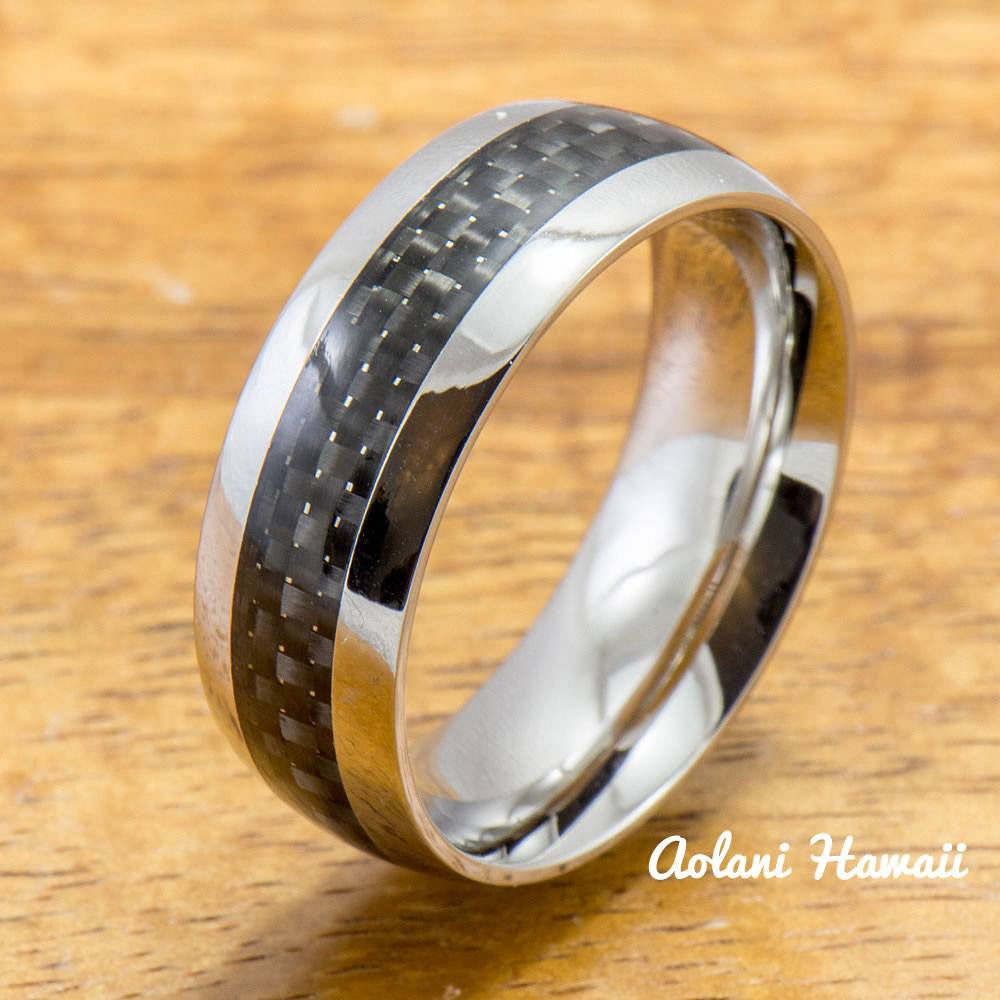 
            
                Load image into Gallery viewer, Stainless Steel Ring with Carbon Fiber Inlay (8mm width, Barrel Style) - Aolani Hawaii
            
        