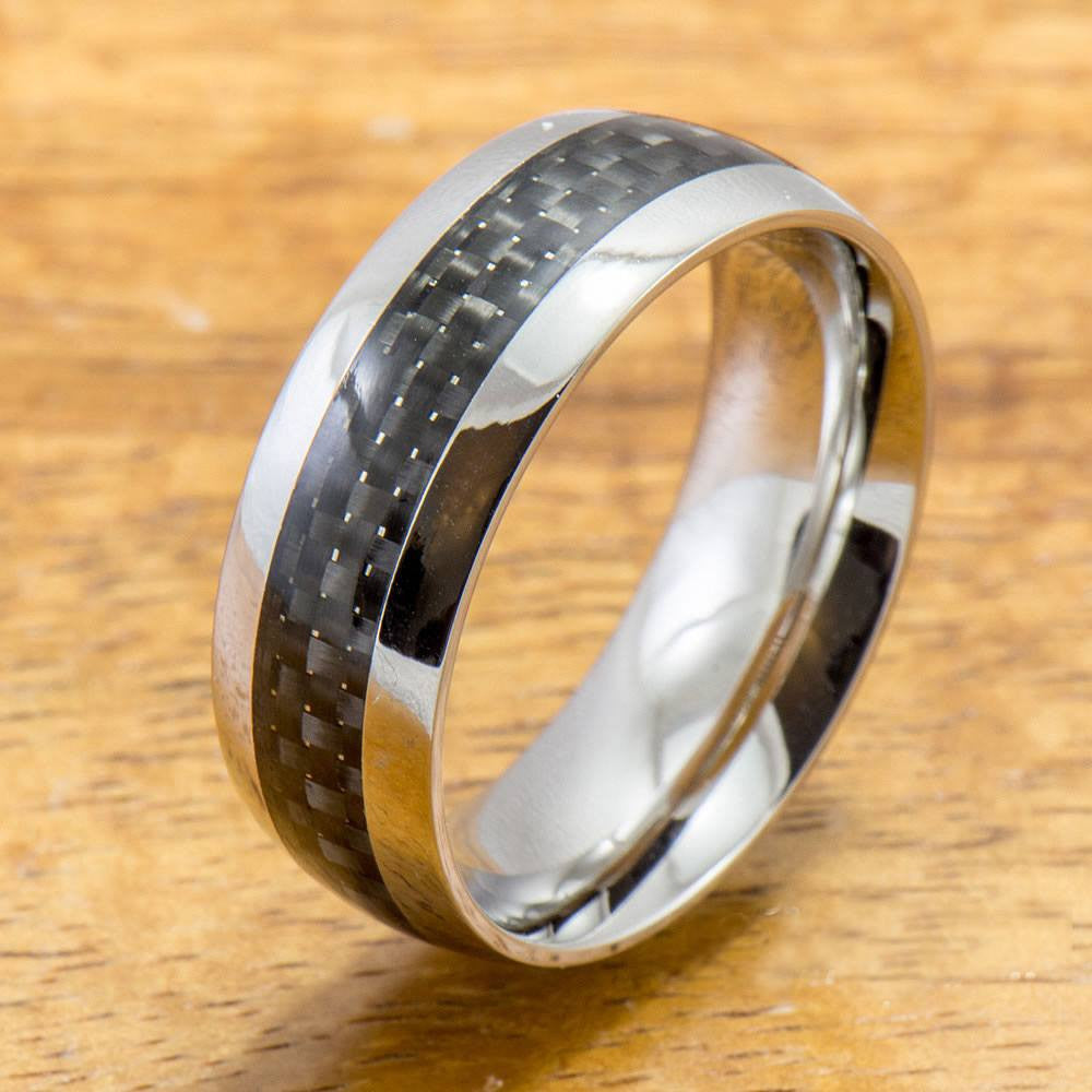 Stainless Steel Ring with Carbon Fiber Inlay (8mm width, Barrel Style)