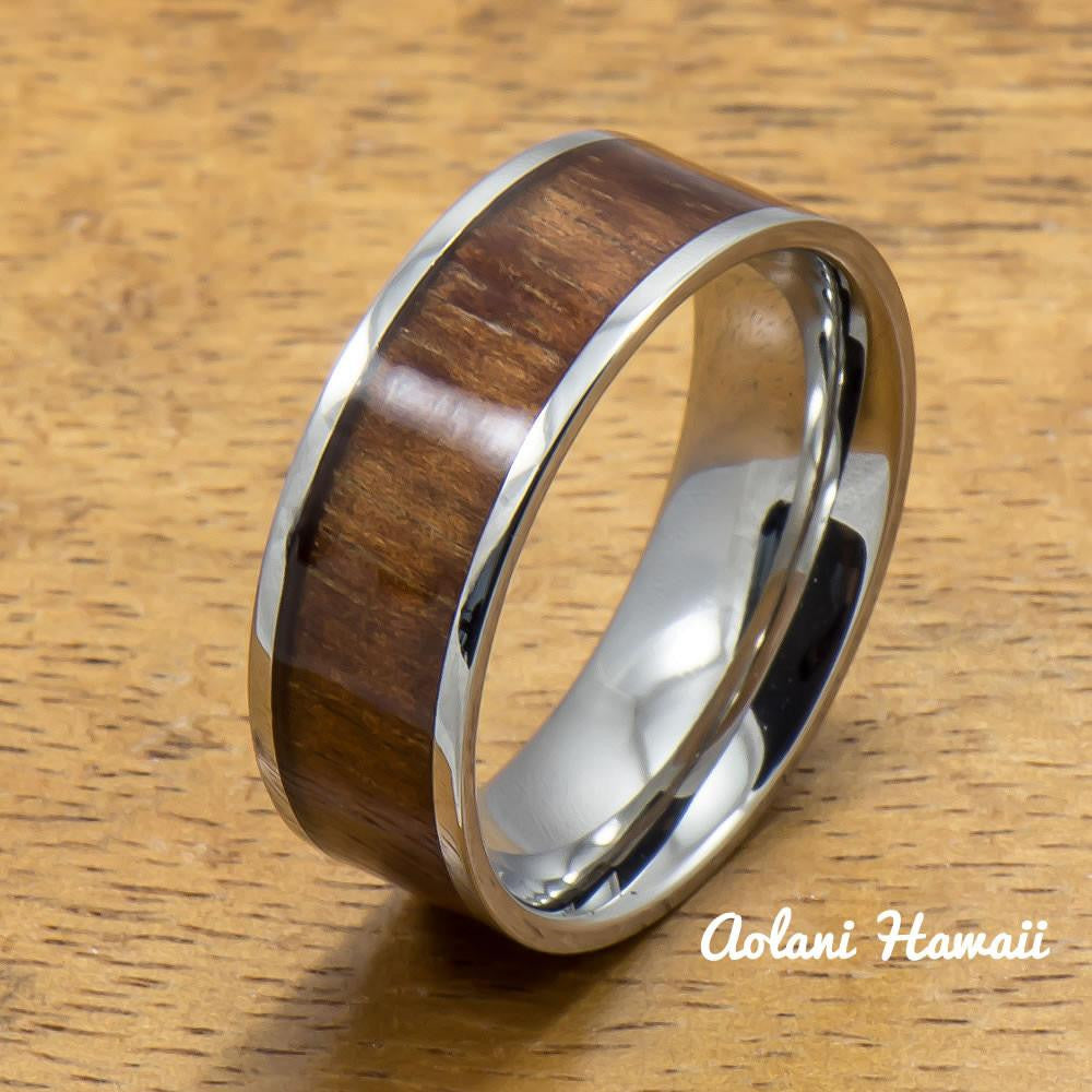 Stainless Steel Ring with Hawaiian Koa Wood (6mm - 8mm width, Flat Style) - Aolani Hawaii - 1