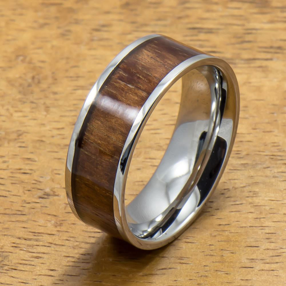 
            
                Load image into Gallery viewer, Stainless Steel Ring with Hawaiian Koa Wood (6mm - 8mm width, Flat Style)
            
        