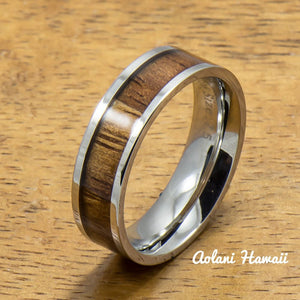 Stainless Steel Ring with Hawaiian Koa Wood (6mm - 8mm width, Flat Style) - Aolani Hawaii - 2