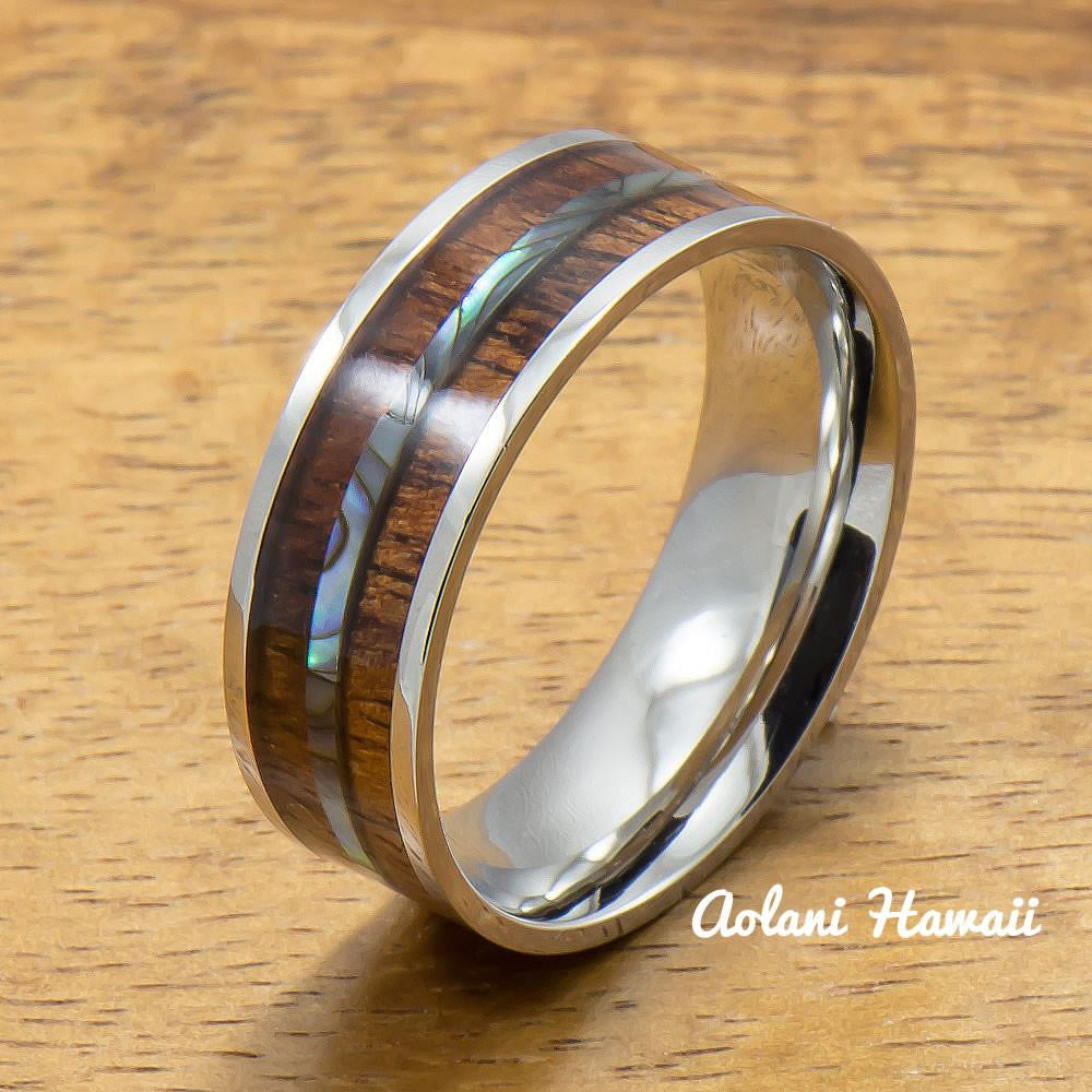 Stainless Steel Ring with Hawaiian Koa Wood & Abalone Inlay (8mm width, Flat style) - Aolani Hawaii
