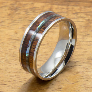 Stainless Steel Ring with Hawaiian Koa Wood & Abalone Inlay (8mm width, Flat style)