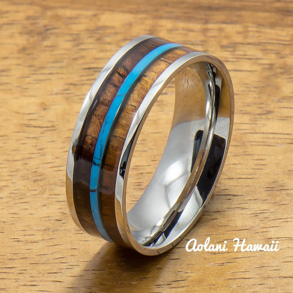 Stainless Steel Ring with Hawaiian Koa Wood & Turquoise Inlay (8mm width, Flat style) - Aolani Hawaii