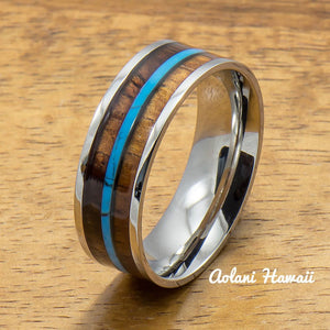 
            
                Load image into Gallery viewer, Stainless Steel Ring with Hawaiian Koa Wood &amp;amp; Turquoise Inlay (8mm width, Flat style) - Aolani Hawaii
            
        