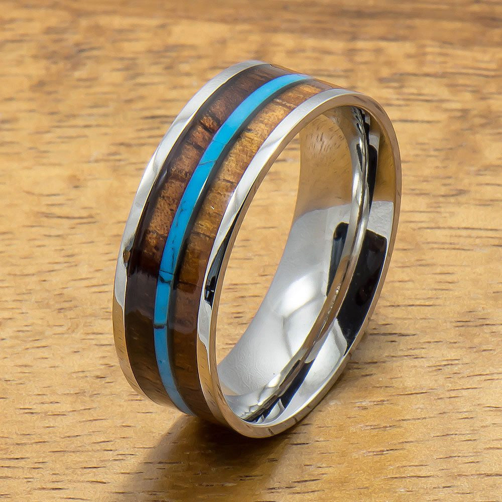 
            
                Load image into Gallery viewer, Stainless Steel Ring with Hawaiian Koa Wood &amp;amp; Turquoise Inlay (8mm width, Flat style)
            
        