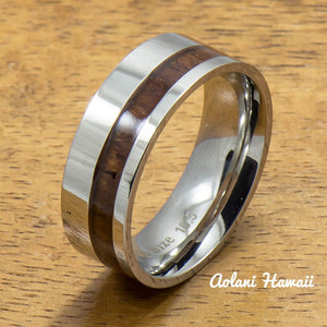 Stainless Steel Ring with Off Center Hawaiian Koa Wood (6mm - 8mm width, Flat style) - Aolani Hawaii - 1