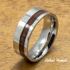 A Pair of Stainless Steel Rings with Hawaiian Koa Wood (6mm & 8mm width) - Aolani Hawaii - 2