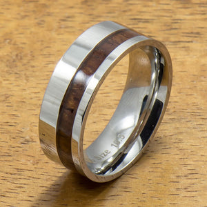 Stainless Steel Ring with Off Center Hawaiian Koa Wood (6mm - 8mm width, Flat style)