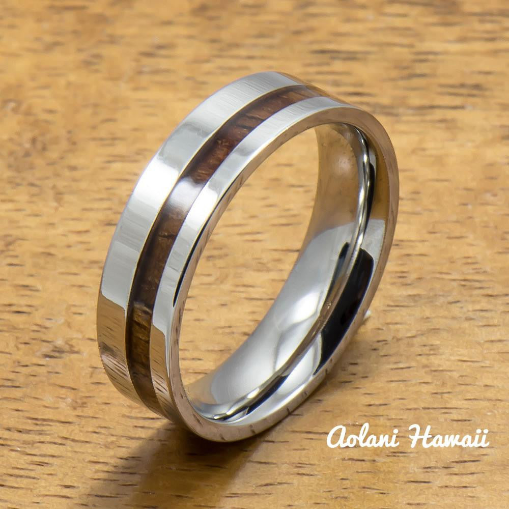 Stainless Steel Ring with Off Center Hawaiian Koa Wood (6mm - 8mm width, Flat style) - Aolani Hawaii - 2