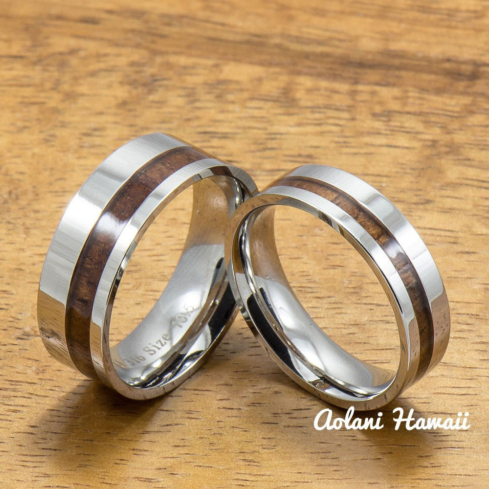 A Pair of Stainless Steel Rings with Hawaiian Koa Wood (6mm & 8mm width) - Aolani Hawaii - 1