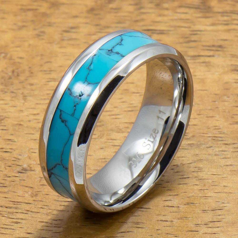 Stainless Steel Ring with Turquoise Inlay (6mm 8mm width, Flat