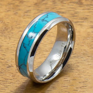 Stainless Steel Ring with Turquoise Inlay (6mm - 8mm width, Flat style)