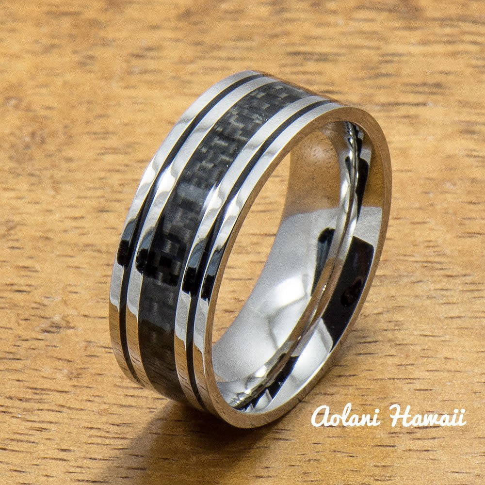 Stainless Steel Ring with with Carbon Fiber Inlay (6mm - 8mm width, Flat Style) - Aolani Hawaii - 1