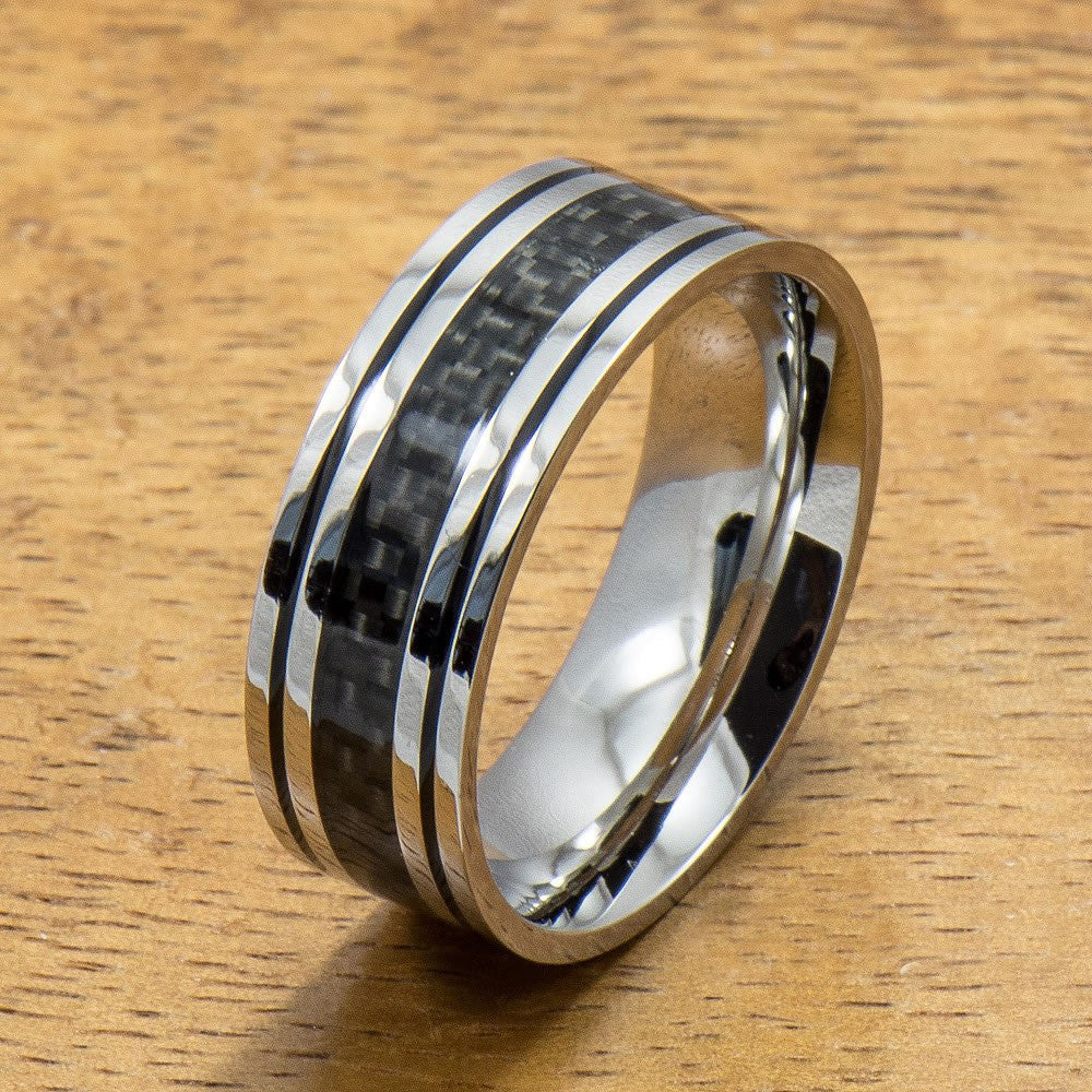 Stainless Steel Ring with with Carbon Fiber Inlay (6mm - 8mm width, Flat Style)