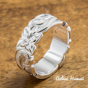 
            
                Load image into Gallery viewer, Sterling Silver Ring with Hand engraved Hawaiian Designs (6mm - 8mm width, Flat Cutout style) - Aolani Hawaii - 1
            
        