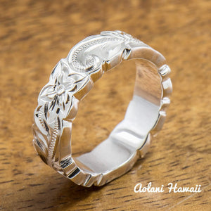 
            
                Load image into Gallery viewer, Sterling Silver Ring with Hand engraved Hawaiian Designs (6mm - 8mm width, Flat Cutout style) - Aolani Hawaii - 2
            
        