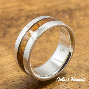 Sterling Silver Ring with Hawaiian Koa Wood Inlay (6-8mm width, Barrel style) - Aolani Hawaii - 1