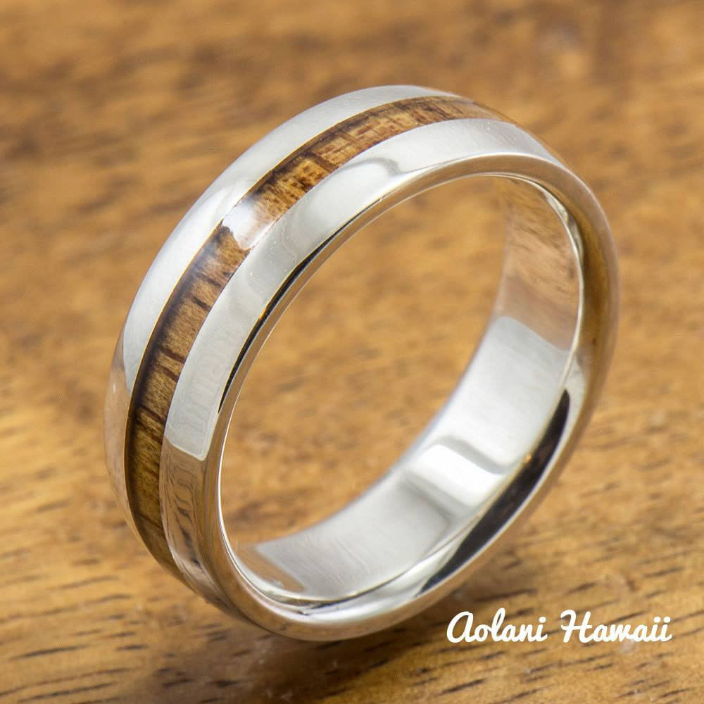
            
                Load image into Gallery viewer, Sterling Silver Ring with Hawaiian Koa Wood Inlay (6-8mm width, Barrel style) - Aolani Hawaii - 2
            
        