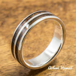 Sterling Silver Ring with Hawaiian Koa Wood Inlay (6mm - 8mm width, Barrel style) - Aolani Hawaii - 2