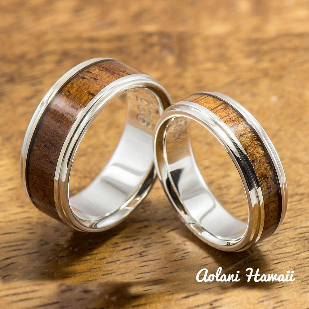 
            
                Load image into Gallery viewer, Sterling Silver Ring with Hawaiian Koa Wood Inlay (6mm-8mm width, Flat style) - Aolani Hawaii - 3
            
        