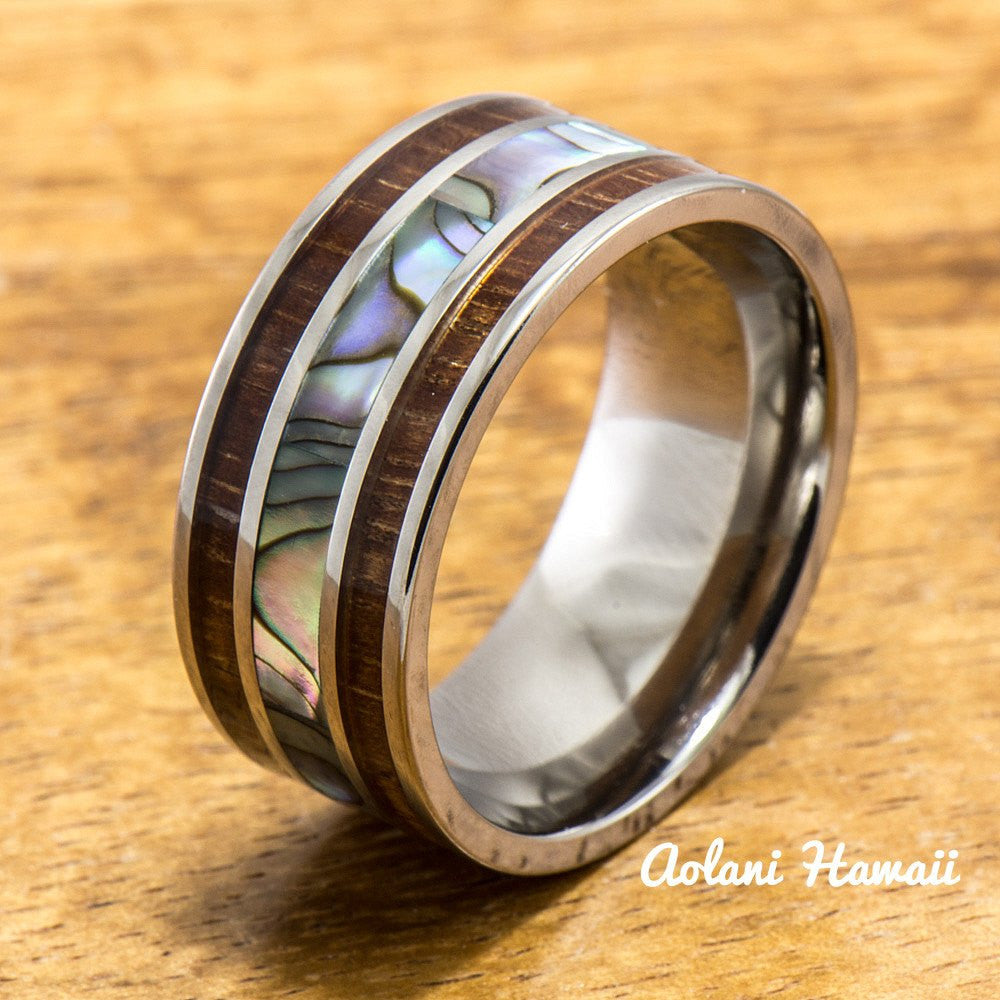 Titanium Ring with Abalone and Hawaiian Koa Wood Inlay (10mm width, Flat Style) - Aolani Hawaii
