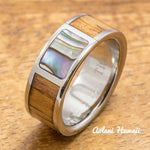 Titanium Ring with Abalone and Hawaiian Koa Wood Inlay (8mm width,  Flat Style) - Aolani Hawaii