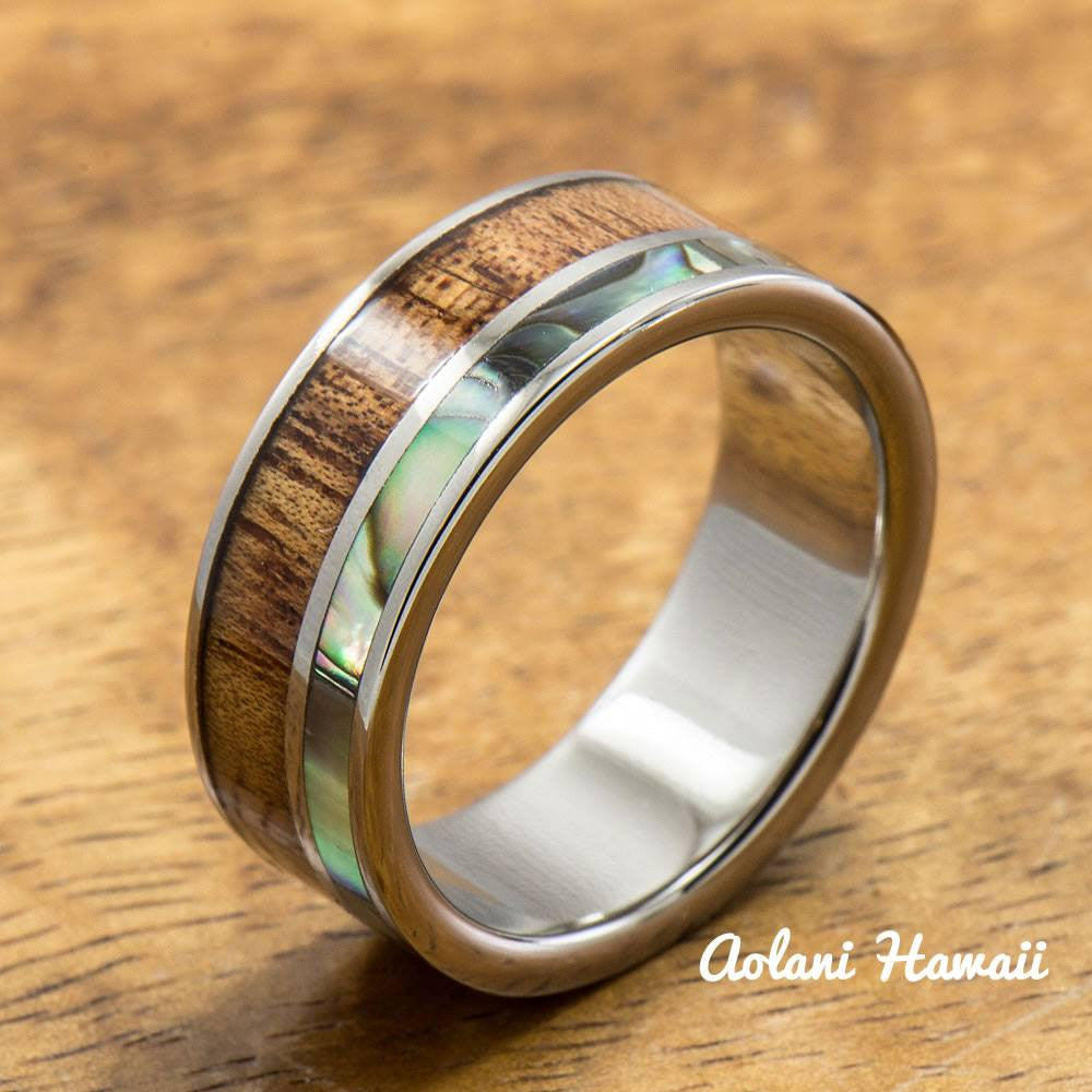 Titanium Ring with Abalone and Hawaiian Koa Woodm Inlay (8mm width, Flat Style) - Aolani Hawaii