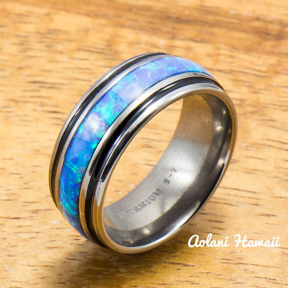 
            
                Load image into Gallery viewer, Titanium Ring with Black Border and Opal Inlay (8mm width, Barrel Style) - Aolani Hawaii
            
        