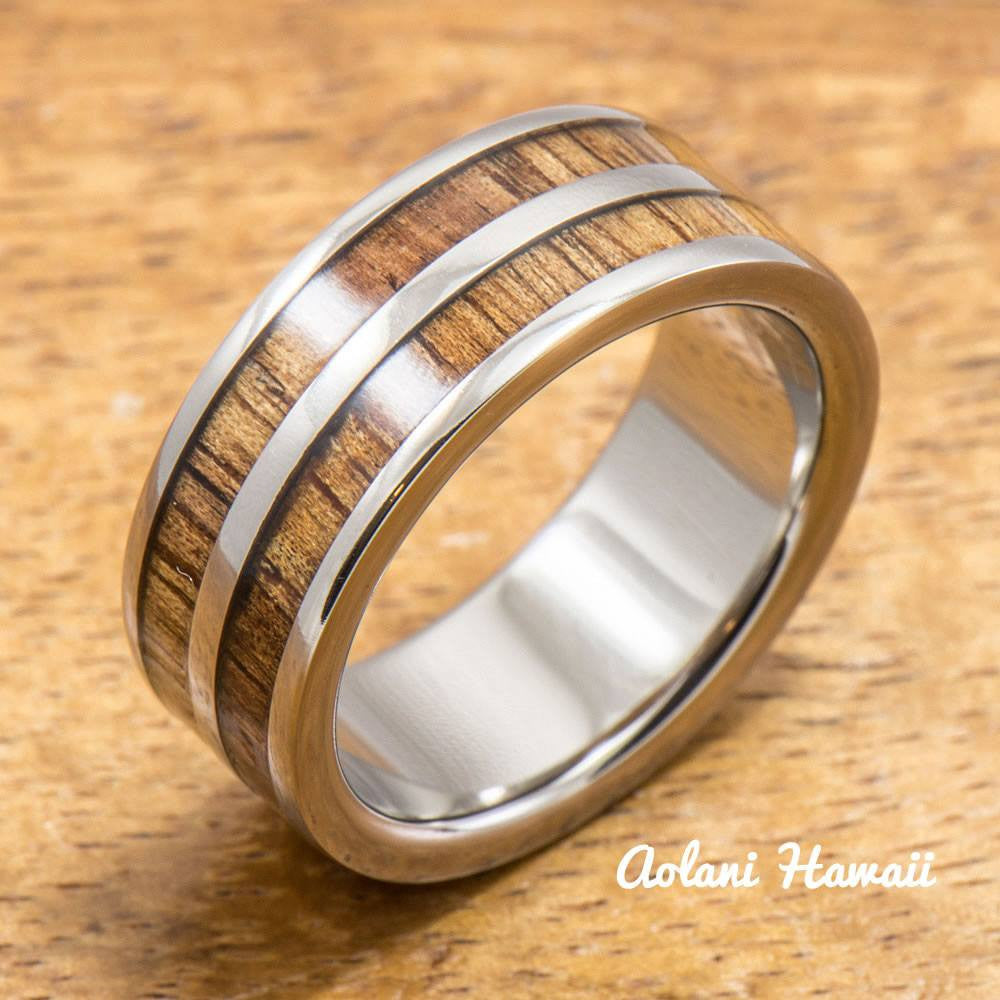 Titanium Ring with Double Hawaiian Koa Woodm Inlay (6mm - 8 mm width, Flat Style) - Aolani Hawaii - 1