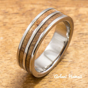 
            
                Load image into Gallery viewer, Titanium Ring with Double Hawaiian Koa Woodm Inlay (6mm - 8 mm width, Flat Style) - Aolani Hawaii - 2
            
        