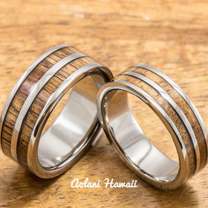 Titanium Ring with Double Hawaiian Koa Woodm Inlay (6mm - 8 mm width, Flat Style) - Aolani Hawaii - 3