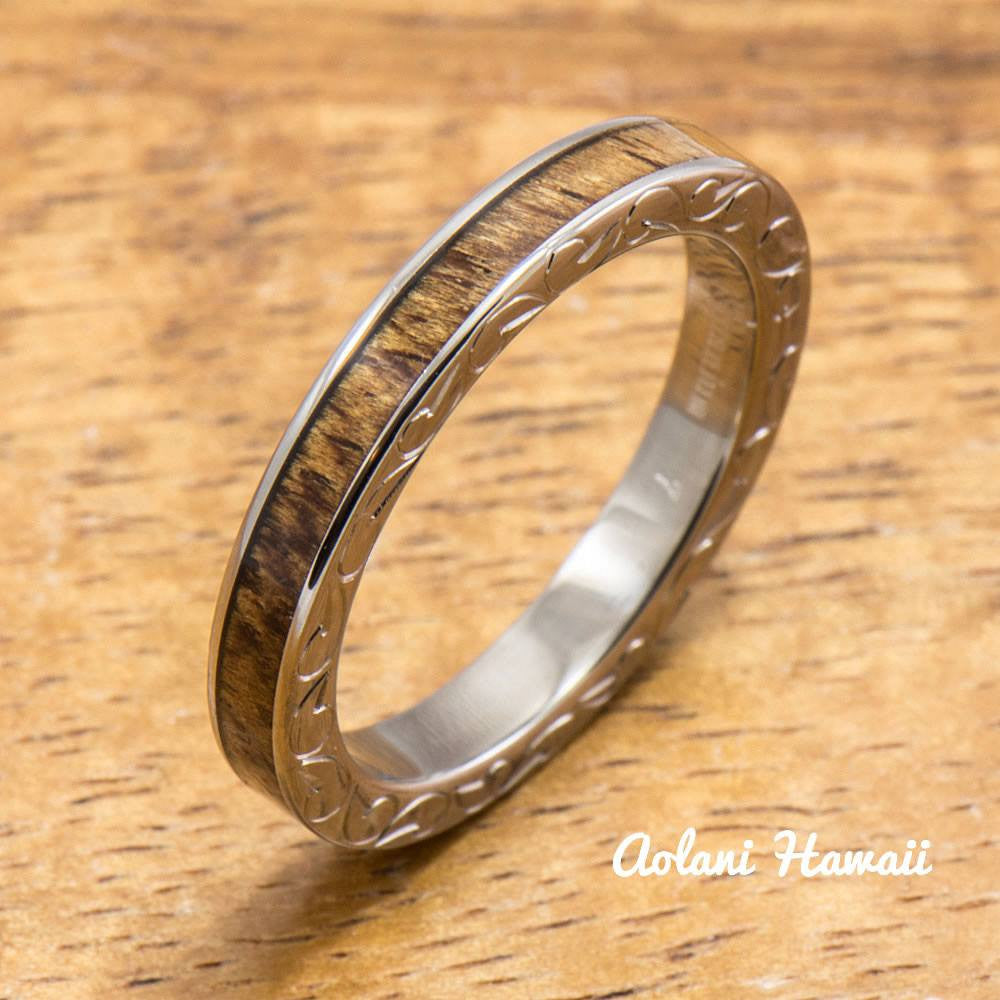 Titanium Ring with Hawaiian Koa Wood Inlay (3mm width, Flat Style) - Aolani Hawaii - 1